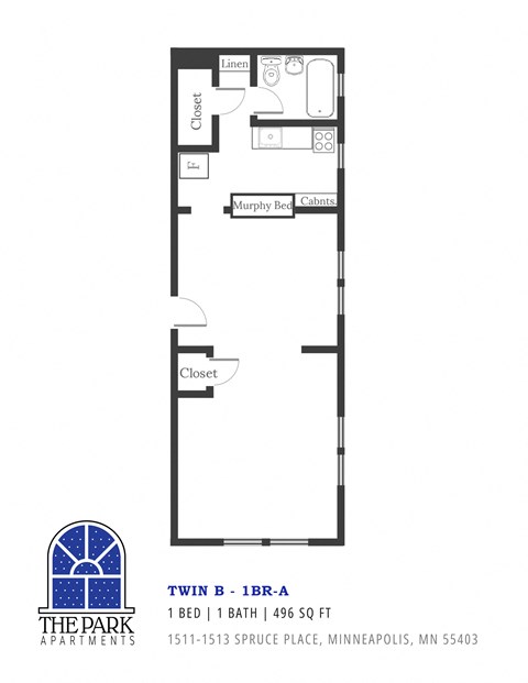 A floor plan for a 1 bedroom, 1 bath apartment at The Park Apartments.